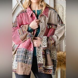 ✨NWT Oli & Hali Multicolor Leopard Mix Patchwork Jacket Shacket - Berry